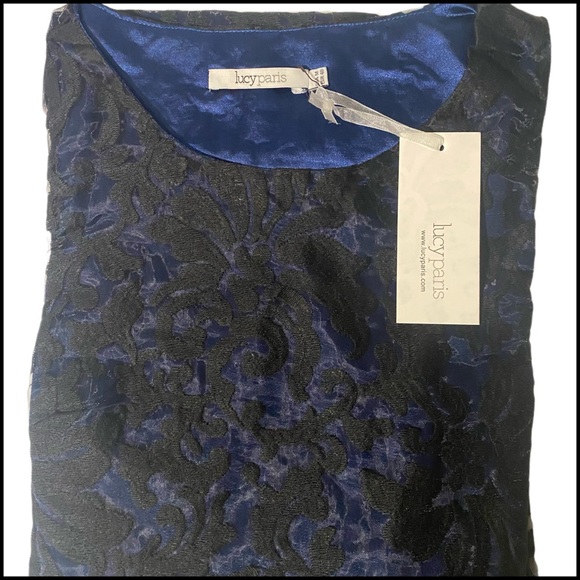 NWT LUCY PARIS Black Lace Overlay on Blue Shift Dress M - Picture 4 of 8